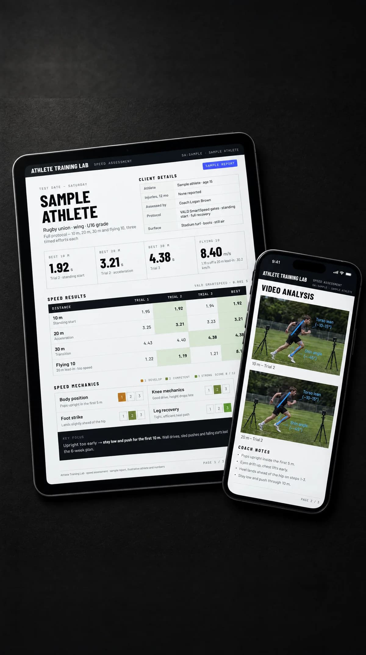 A sample Speed Assessment report on an iPad and iPhone: page one with split times for every trial, a mechanics scorecard and the key focus, and the video analysis page with annotated sprint stills and coach notes.